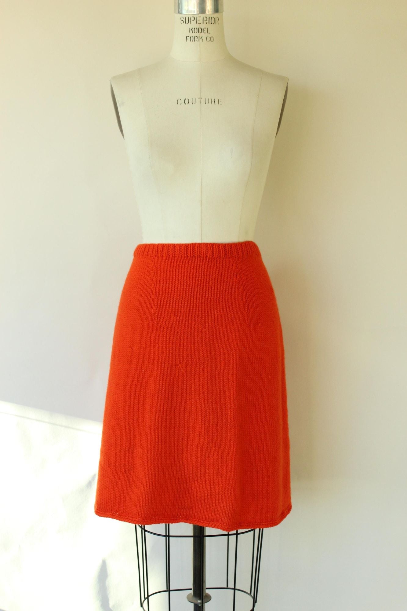 Vintage 1960s Orange Knit Two Piece Cardigan Sweater and Skirt Suit Set