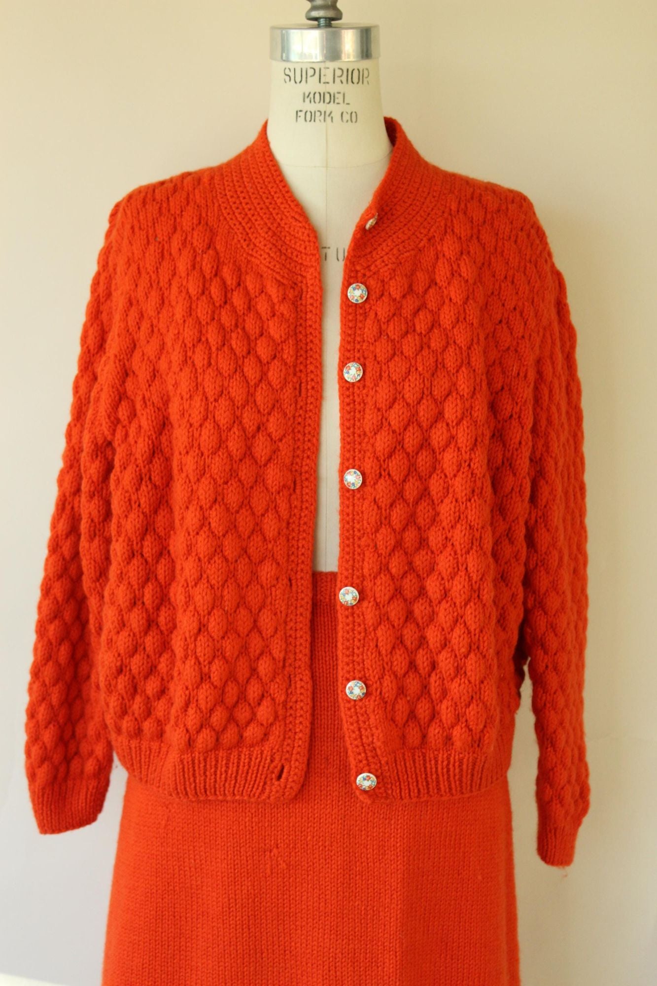 Vintage 1960s Orange Knit Two Piece Cardigan Sweater and Skirt Suit Set