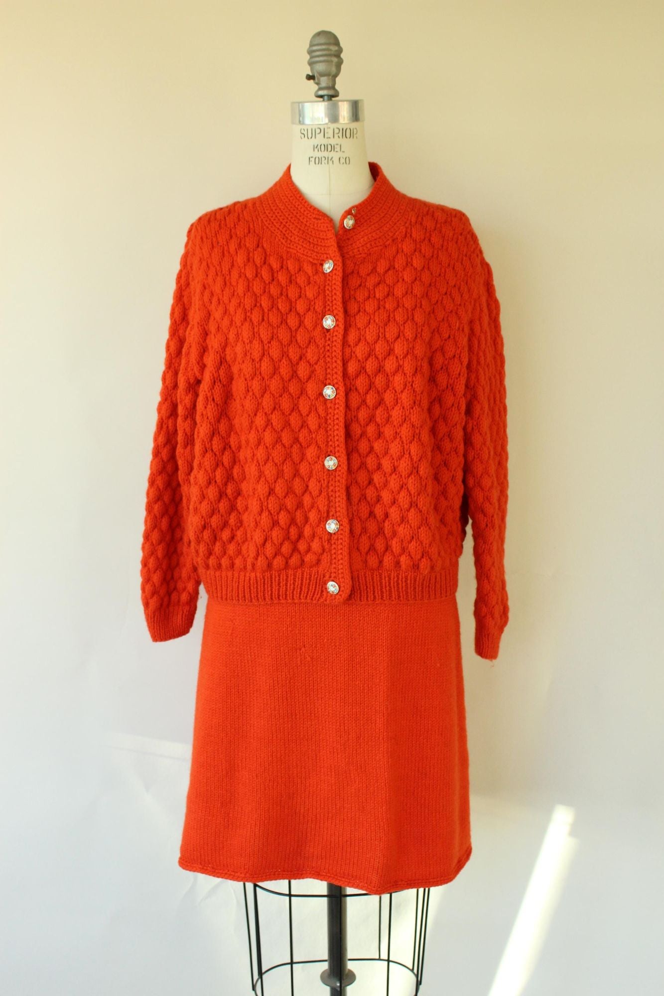 Vintage 1960s Orange Knit Two Piece Cardigan Sweater and Skirt Suit Set