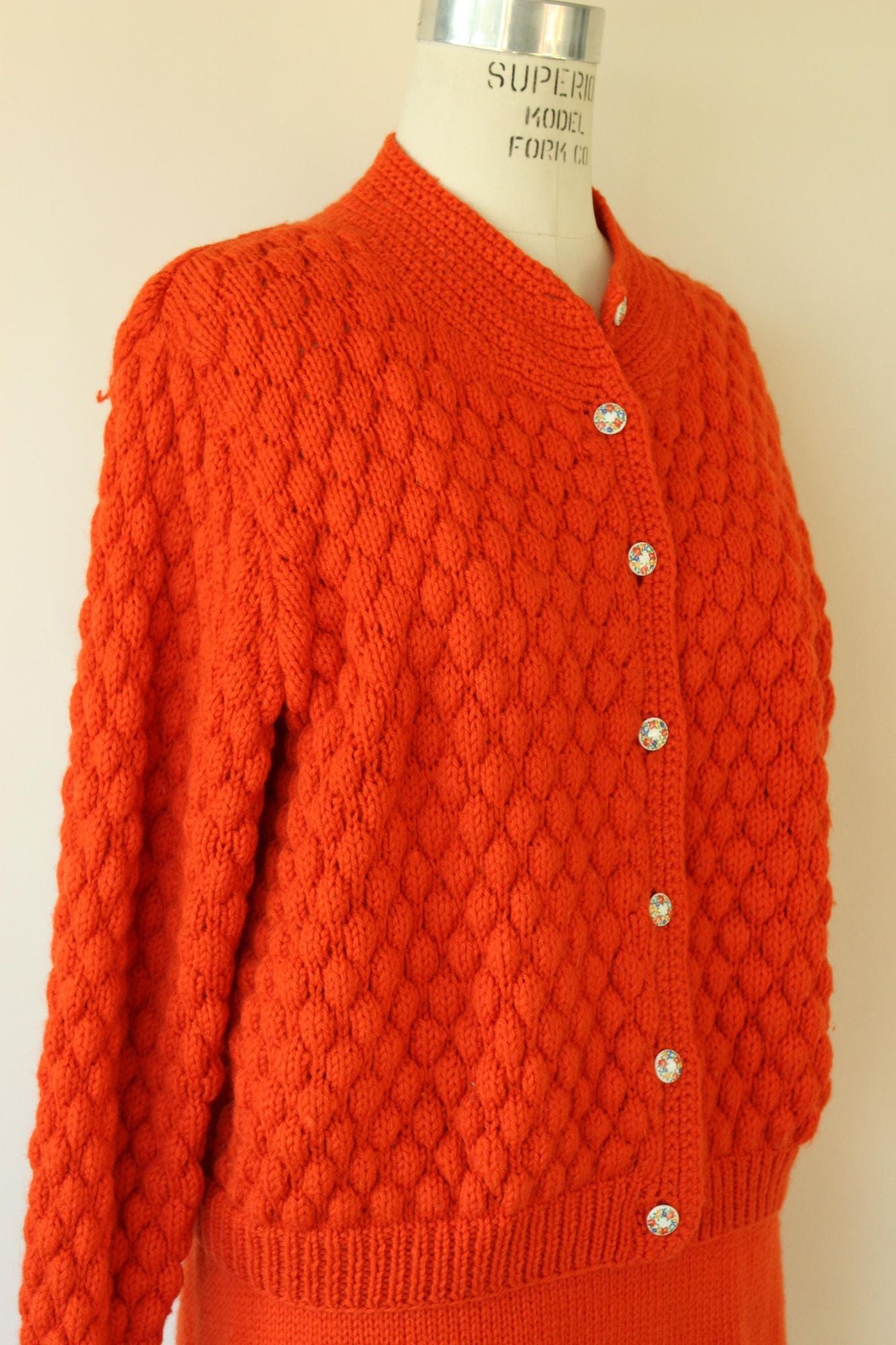 Vintage 1960s Orange Knit Two Piece Cardigan Sweater and Skirt Suit Set