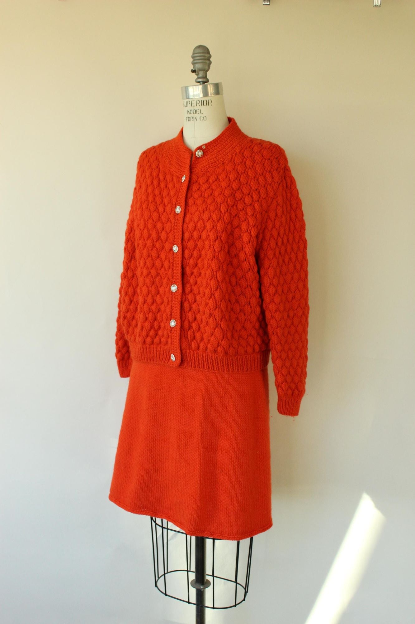 Vintage 1960s Orange Knit Two Piece Cardigan Sweater and Skirt Suit Set