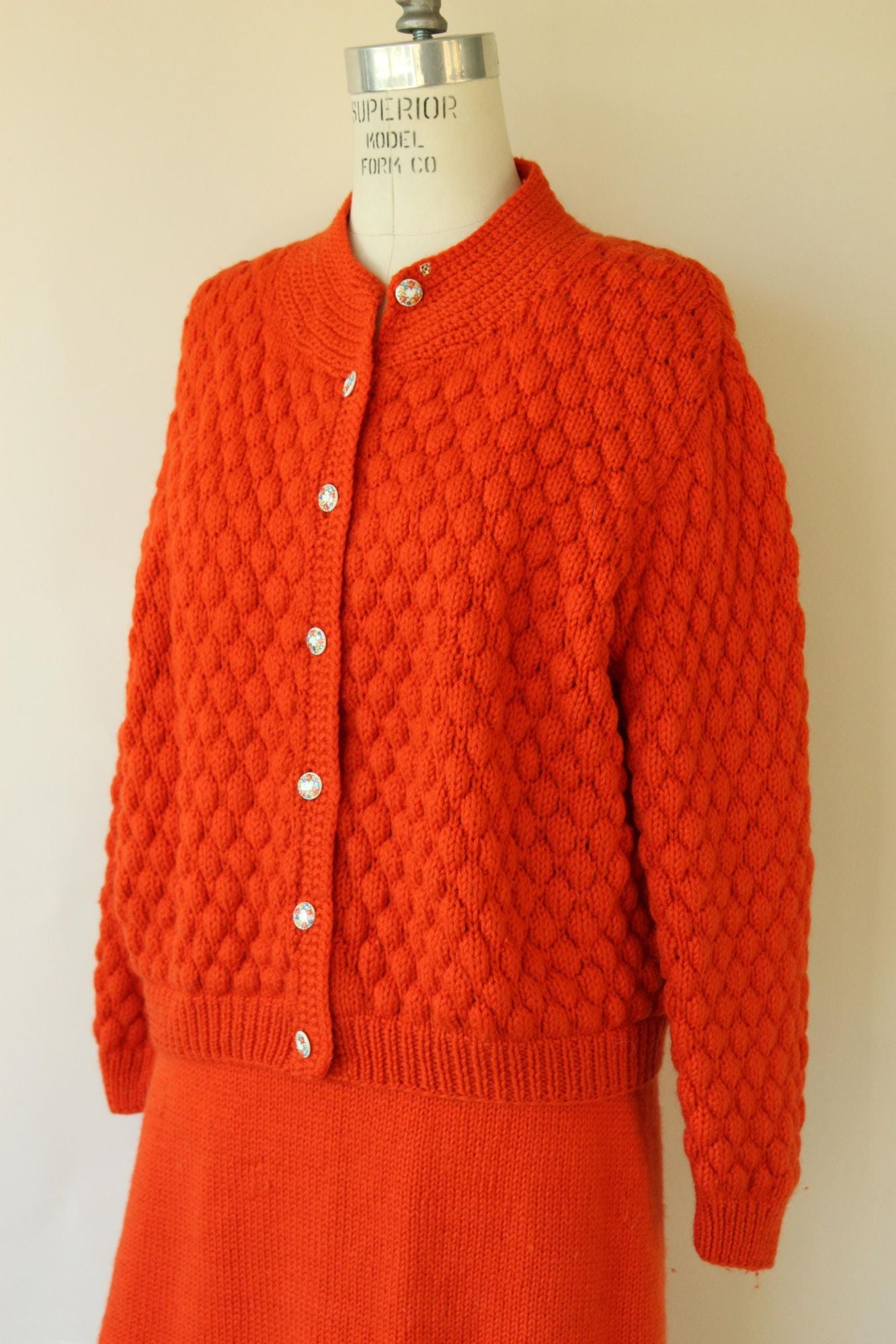 Vintage 1960s Orange Knit Two Piece Cardigan Sweater and Skirt Suit Set