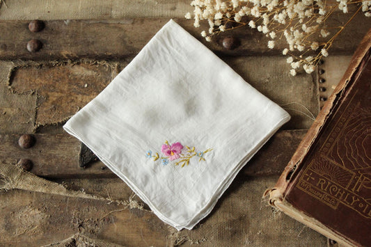 Vintage Embroidered Pink Pansy Flowers White Cotton Handkerchief