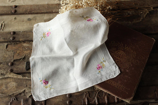 Vintage Embroidered Pink Pansy Flowers White Cotton Handkerchief