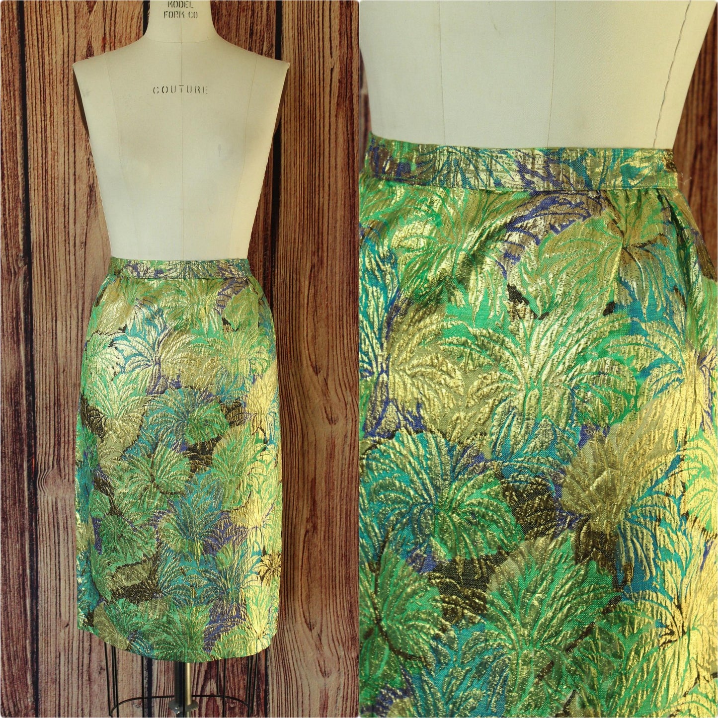 Vintage 1960s Metallic Green and Blue Pencil Skirt