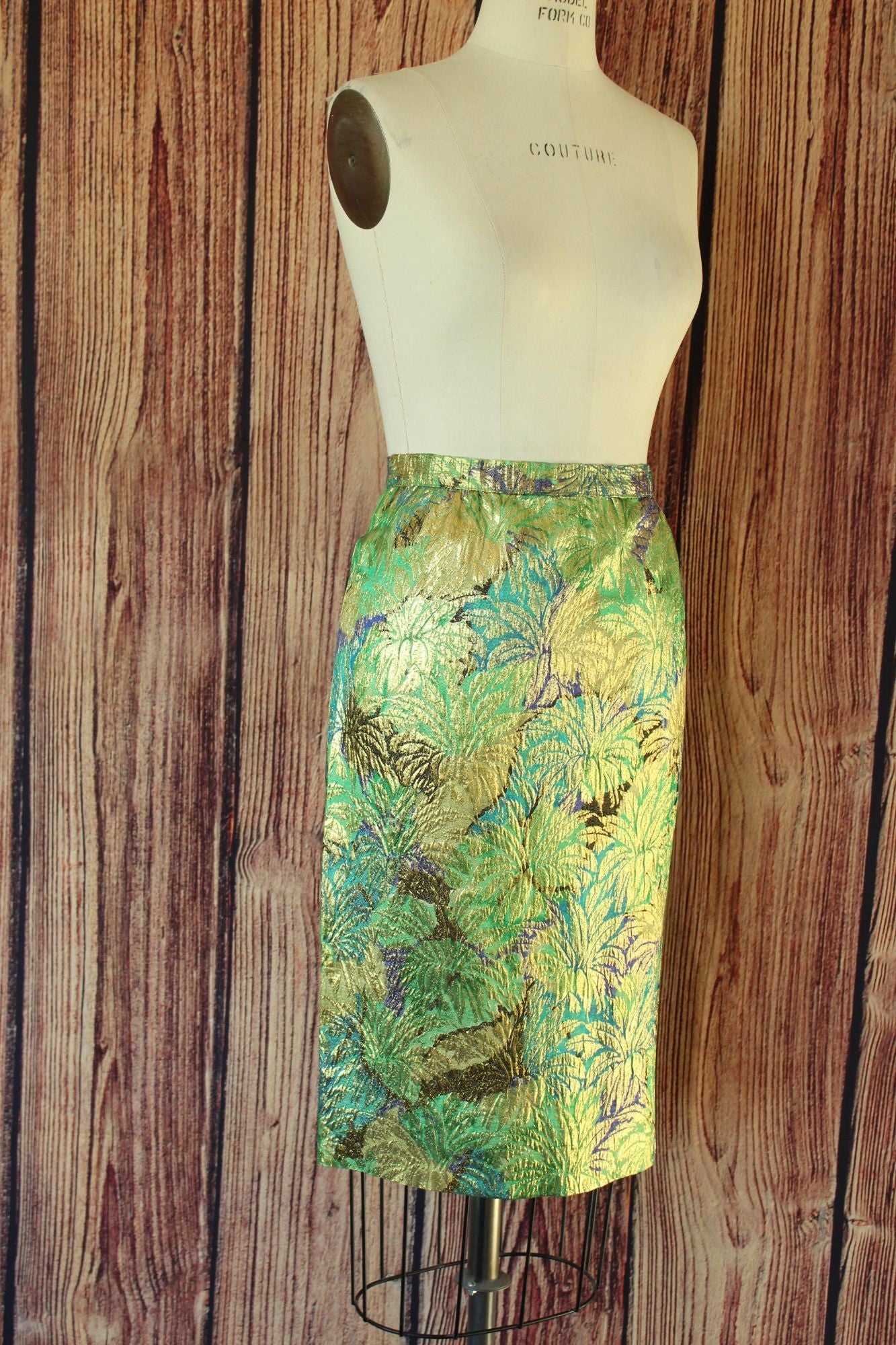 Vintage 1960s Metallic Green and Blue Pencil Skirt