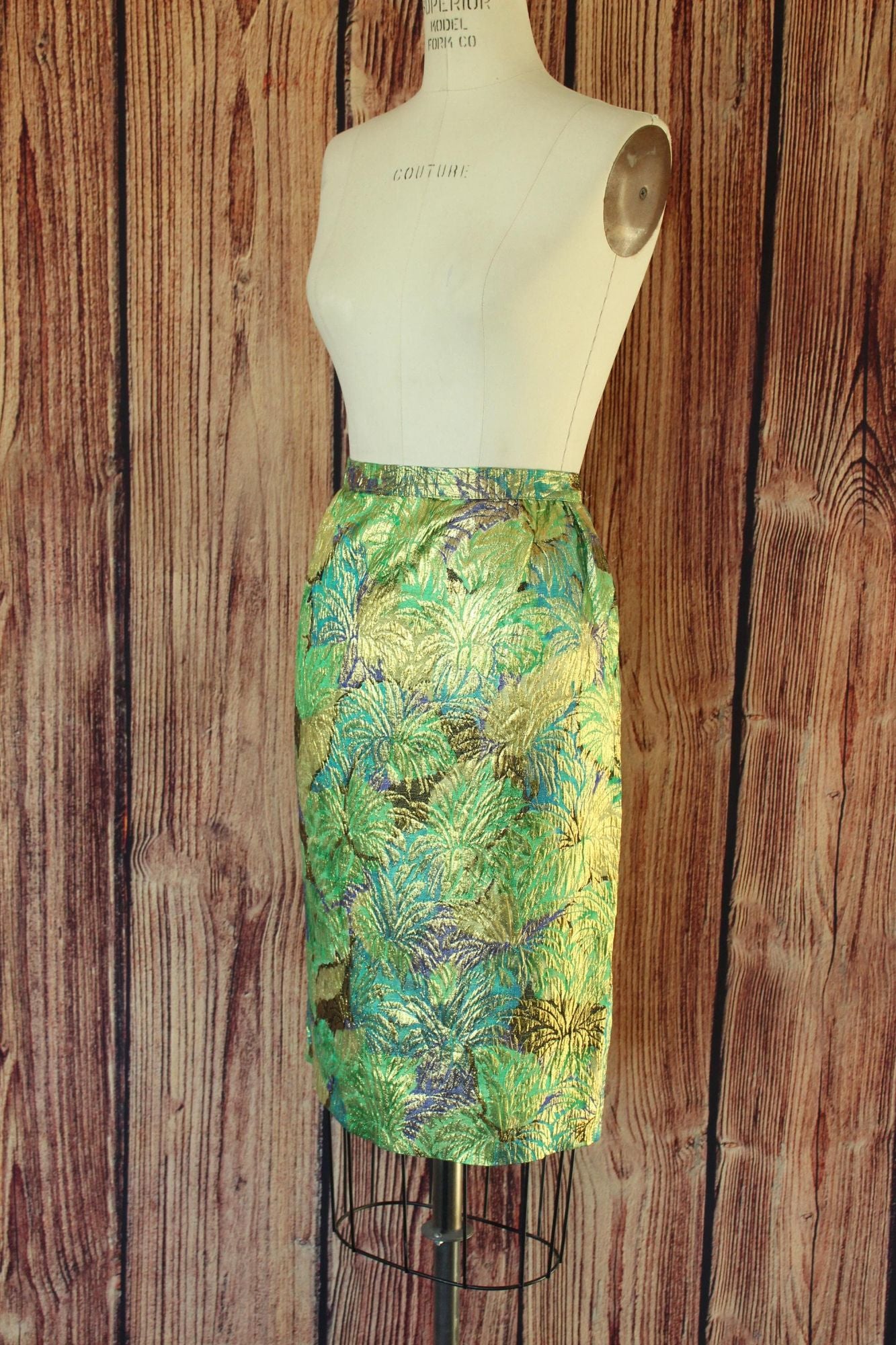 Vintage 1960s Metallic Green and Blue Pencil Skirt