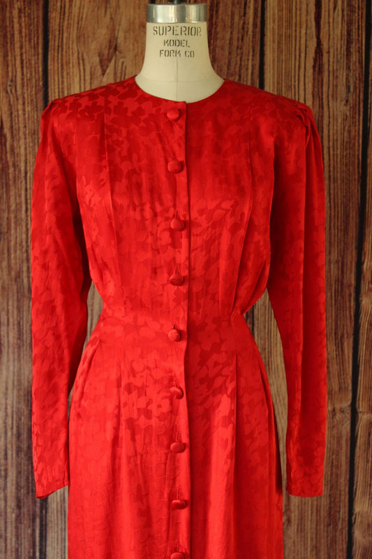 Vintage 1980's Papell Too Red Silk Satin Secretary Dress