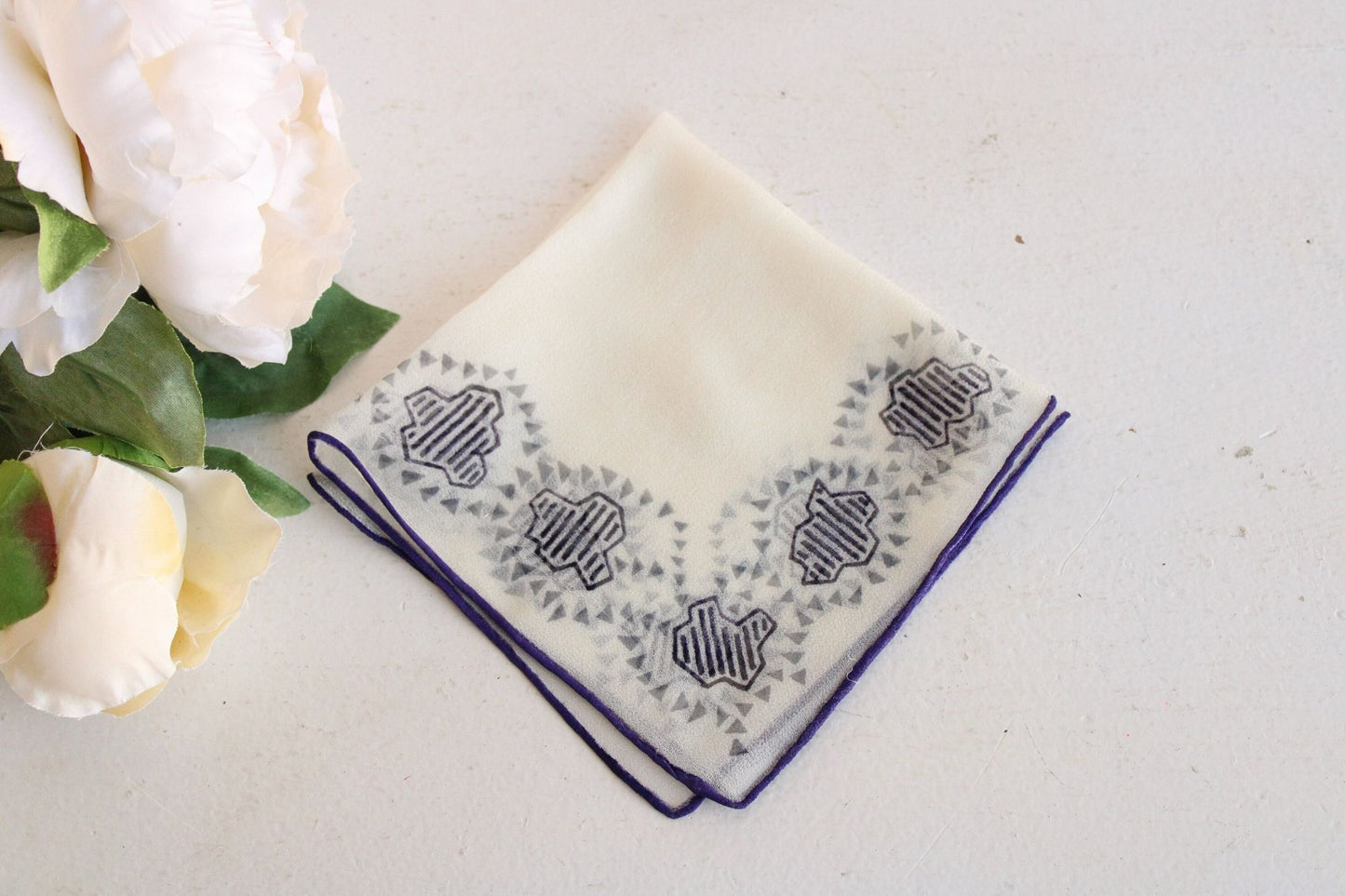 Vintage 1940s Handkerchief in Ivory Silk Chiffon with a Navy Blue pattern