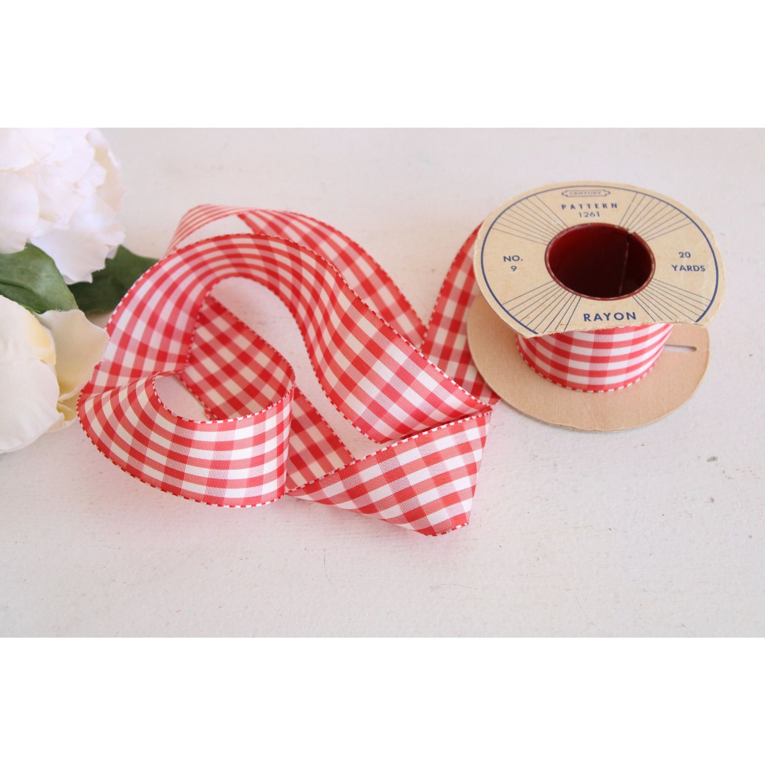 Gingham Check Ribbon in red and white on 1.5 White grosgrain