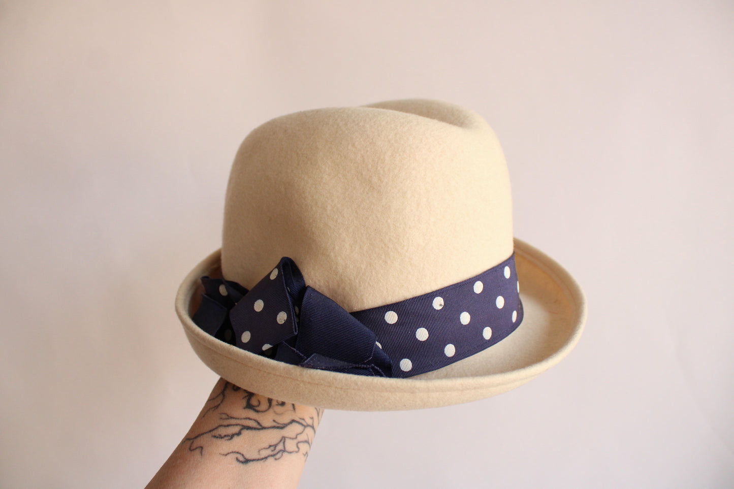 Vintage 1970s Fedora Hat with Polka Dot Ribbon