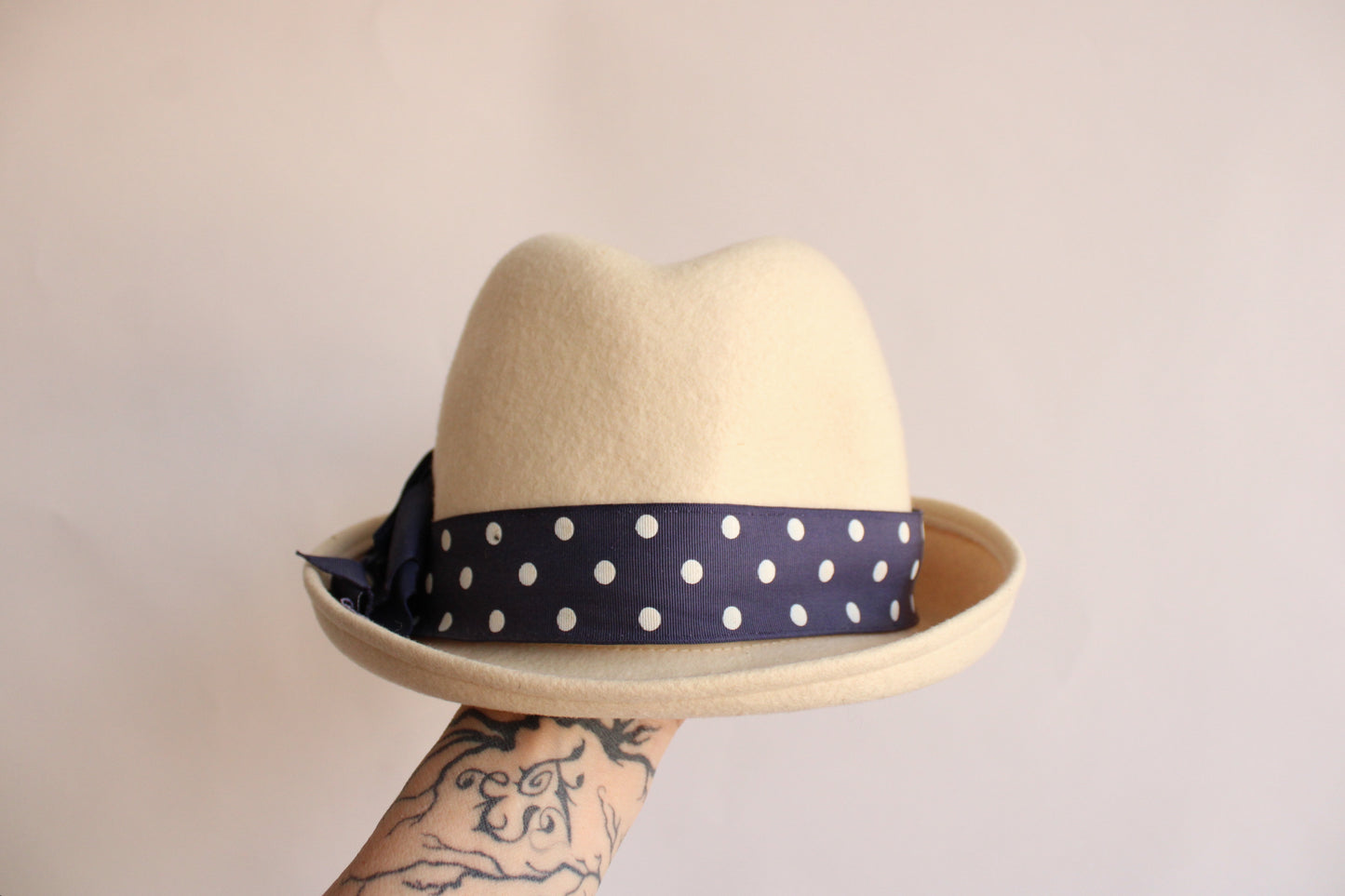 Vintage 1970s Fedora Hat with Polka Dot Ribbon