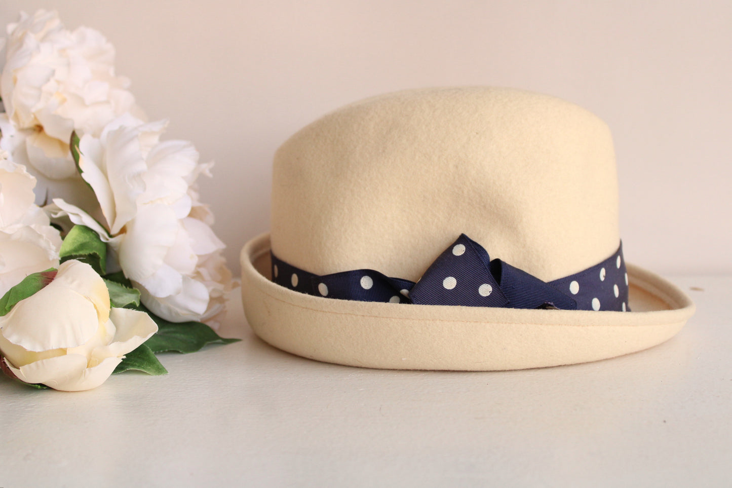 Vintage 1970s Fedora Hat with Polka Dot Ribbon