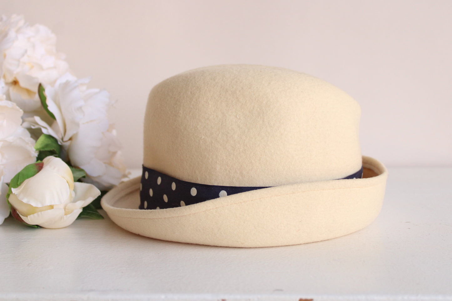 Vintage 1970s Fedora Hat with Polka Dot Ribbon