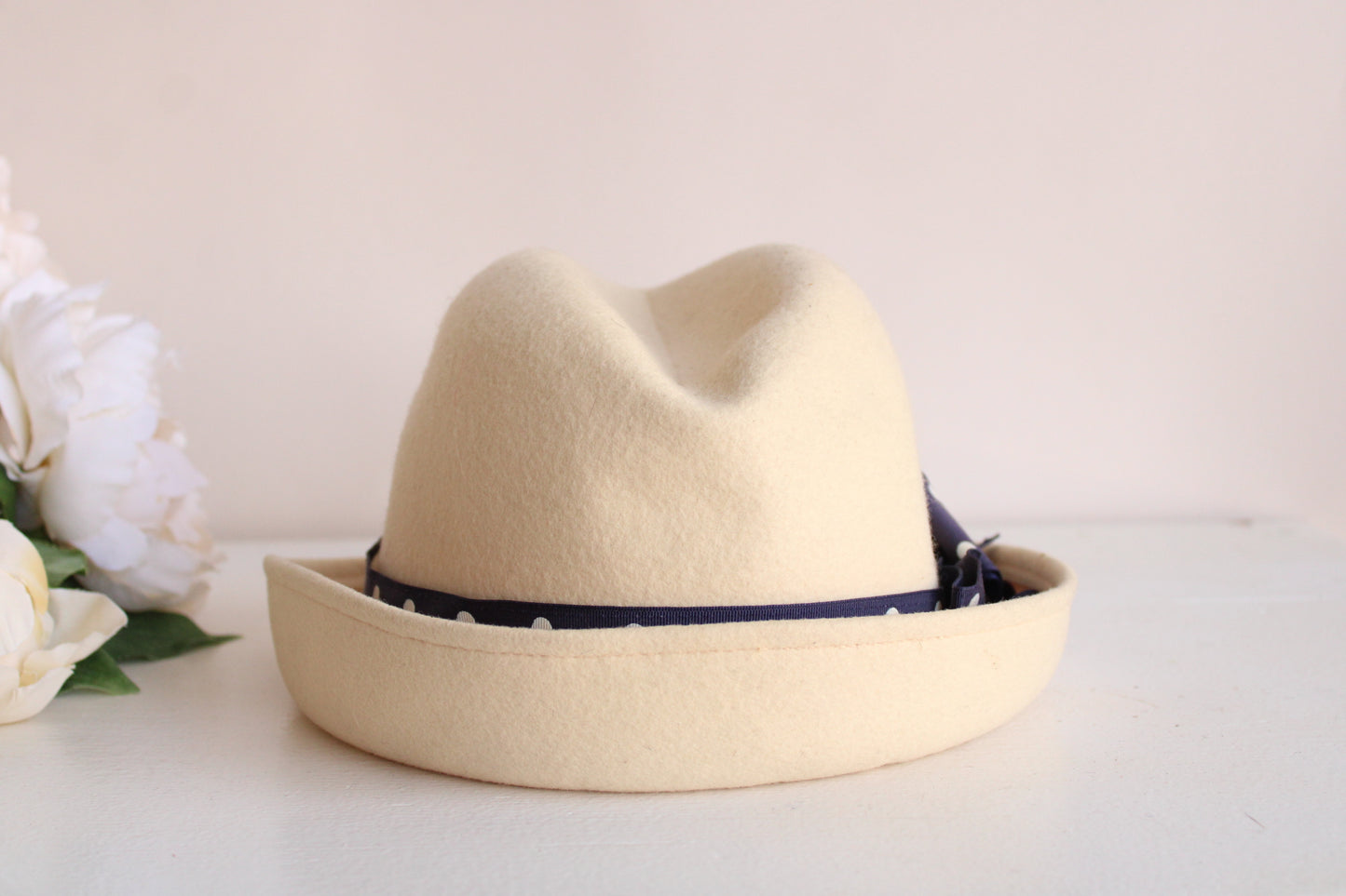 Vintage 1970s Fedora Hat with Polka Dot Ribbon