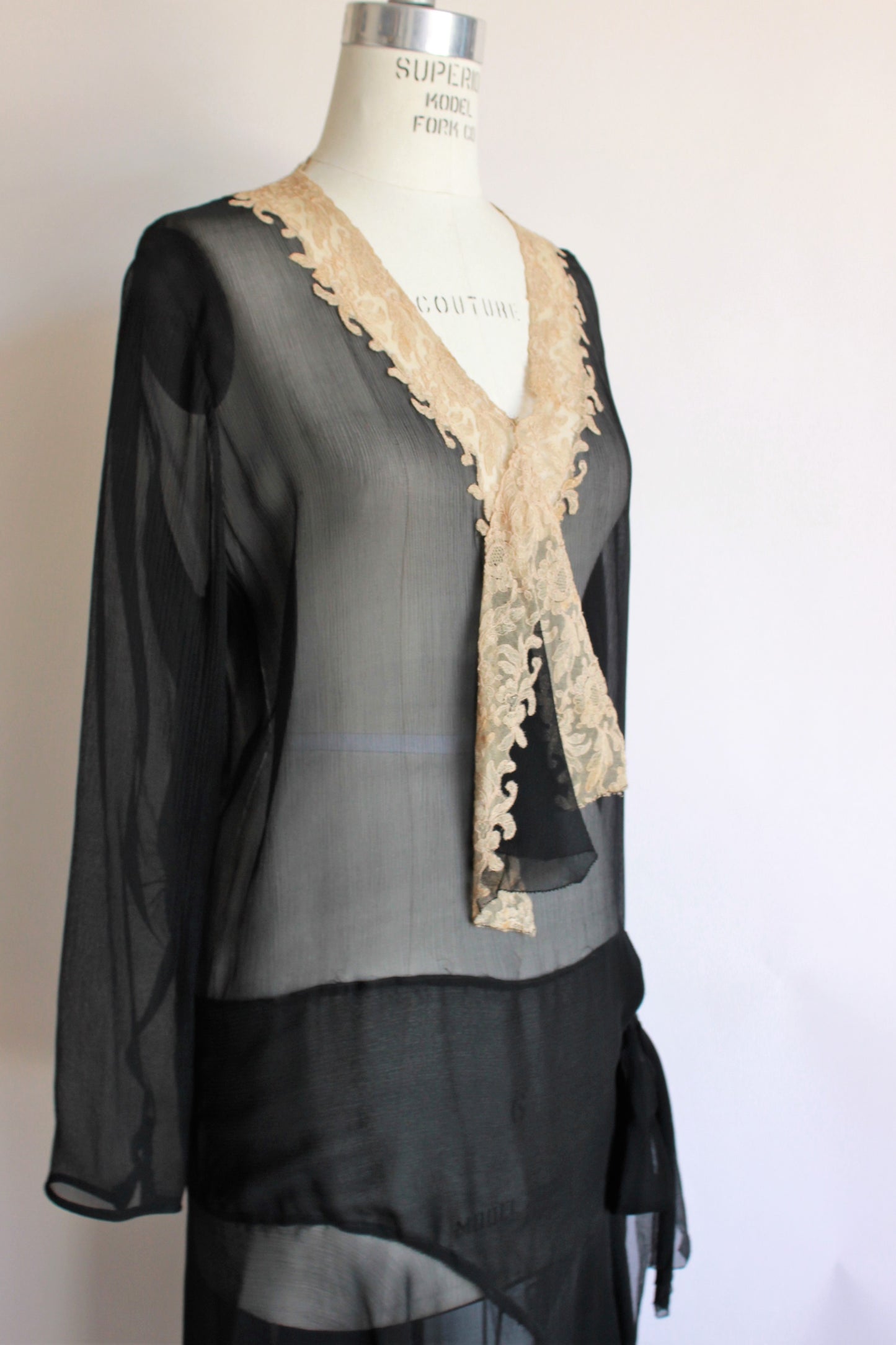 Vintage 1920s Black Silk Chiffon Dress With Ivory Lace – Toadstool Farm ...