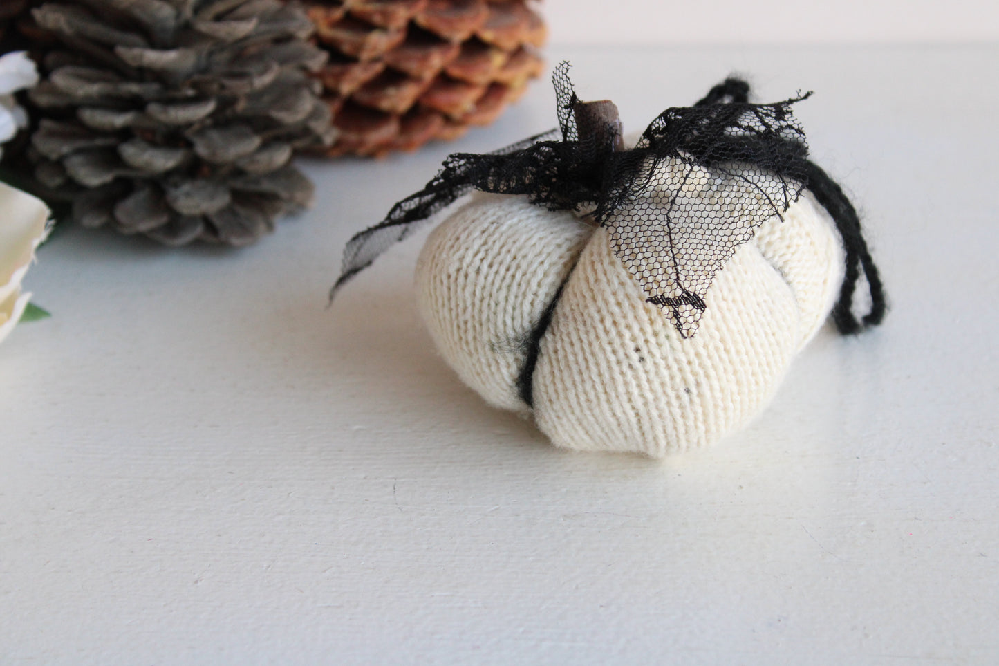 Mini Pumpkin Pillow Pouf with Teeny Spider, Web Lace and Wooden Stem