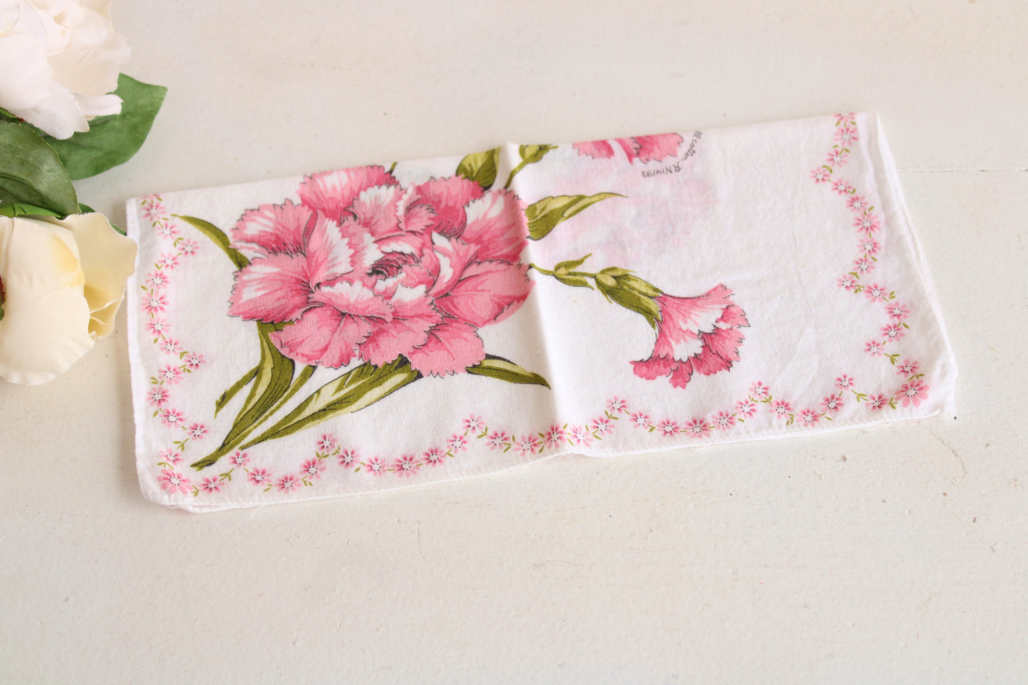 Lovely Floral Embroidered Hanky,Vintage Handkerchief, Pink Rose Buds,F