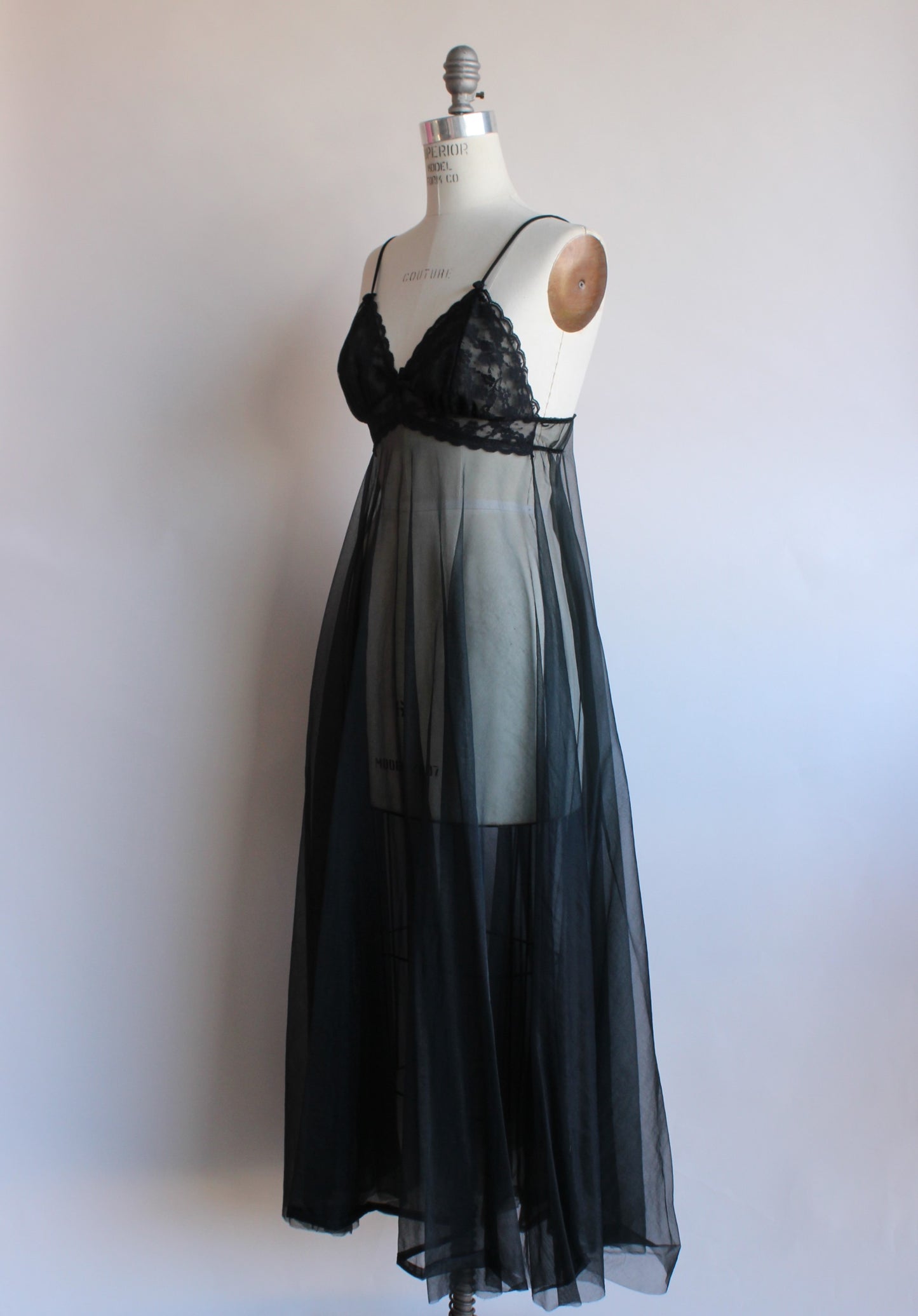 Vintage 1960s Black Peignoir Robe And Nightgown Set