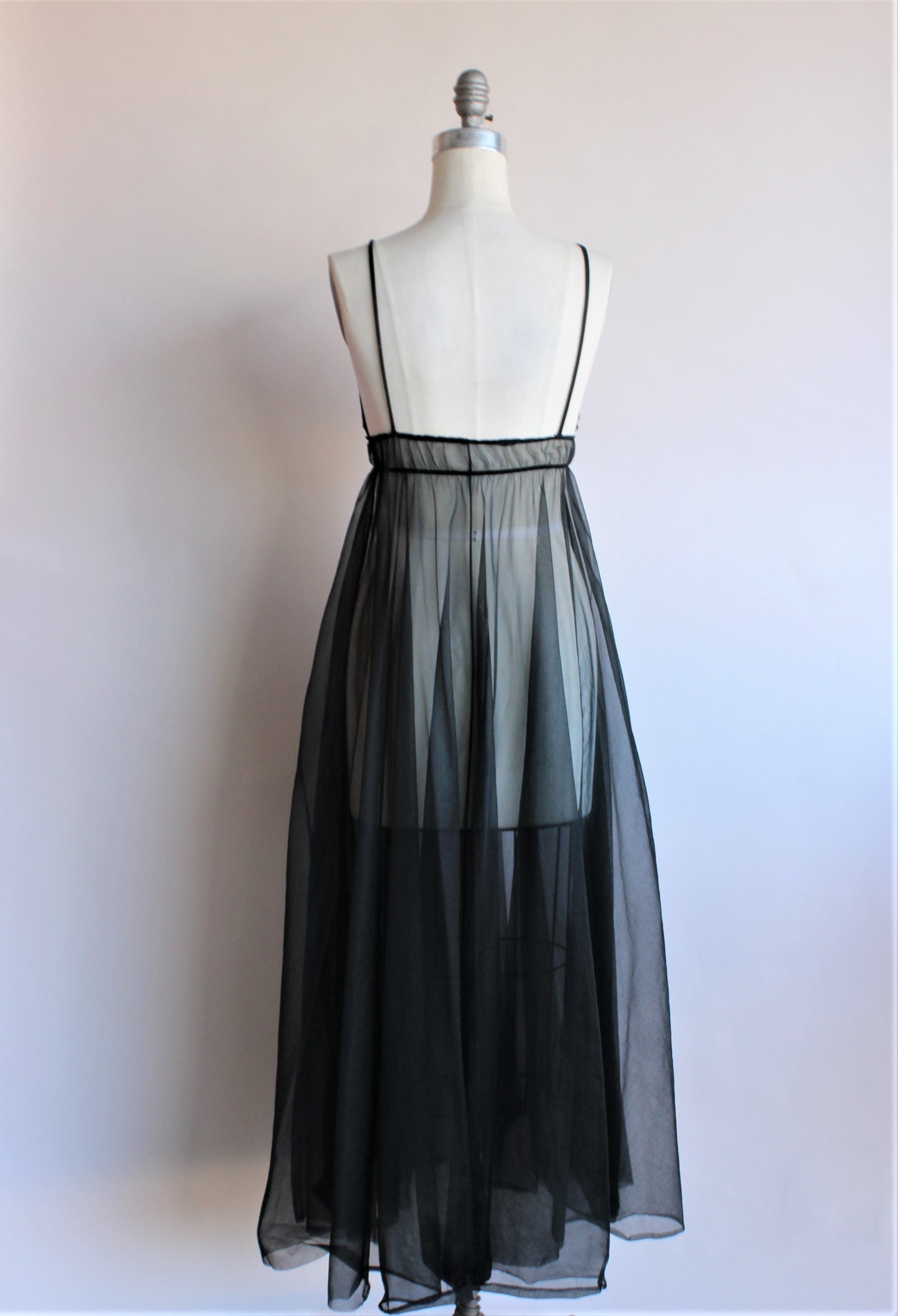 Vintage 1960s Black Peignoir Robe And Nightgown Set