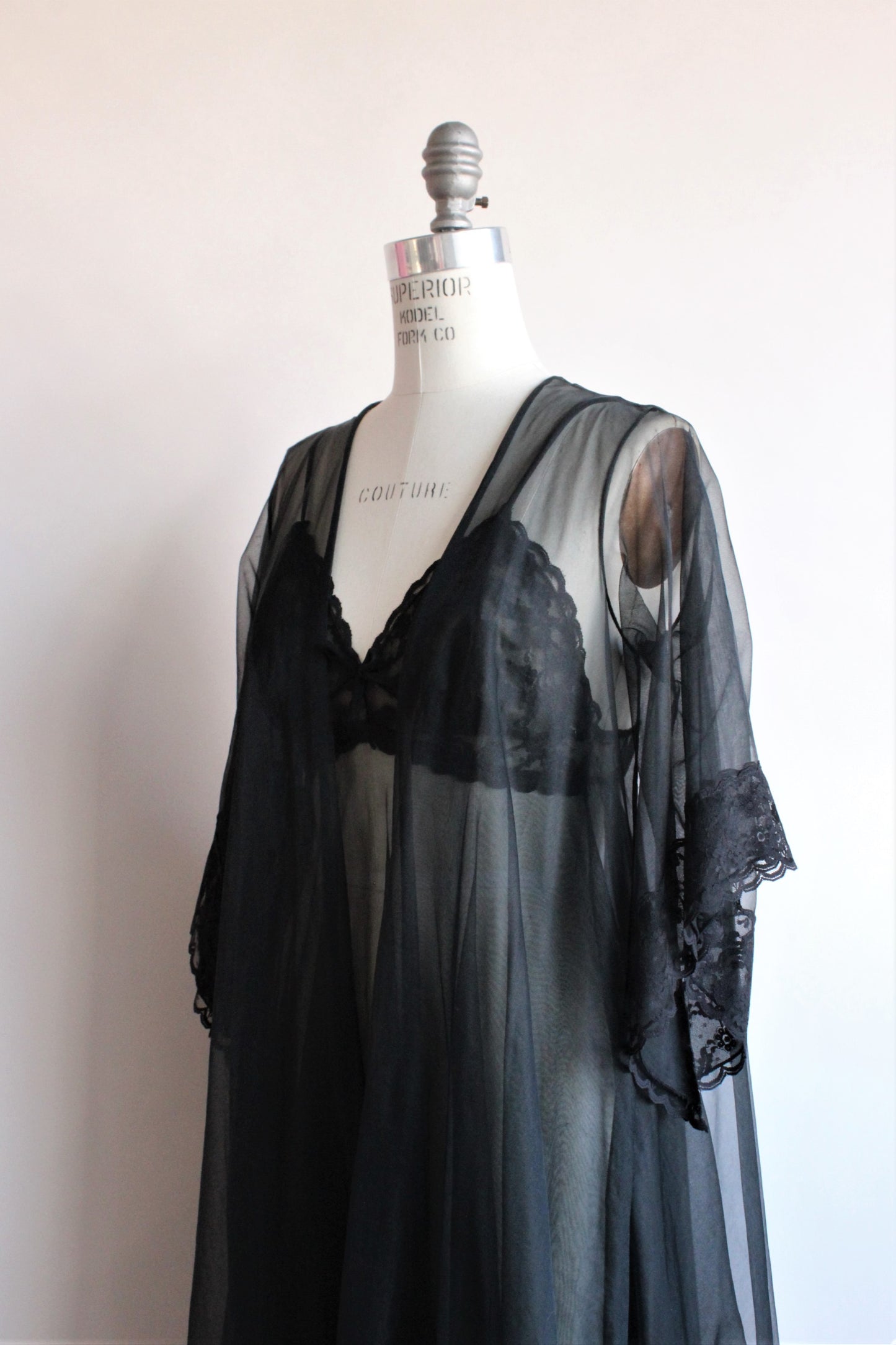 Vintage 1960s Black Peignoir Robe And Nightgown Set