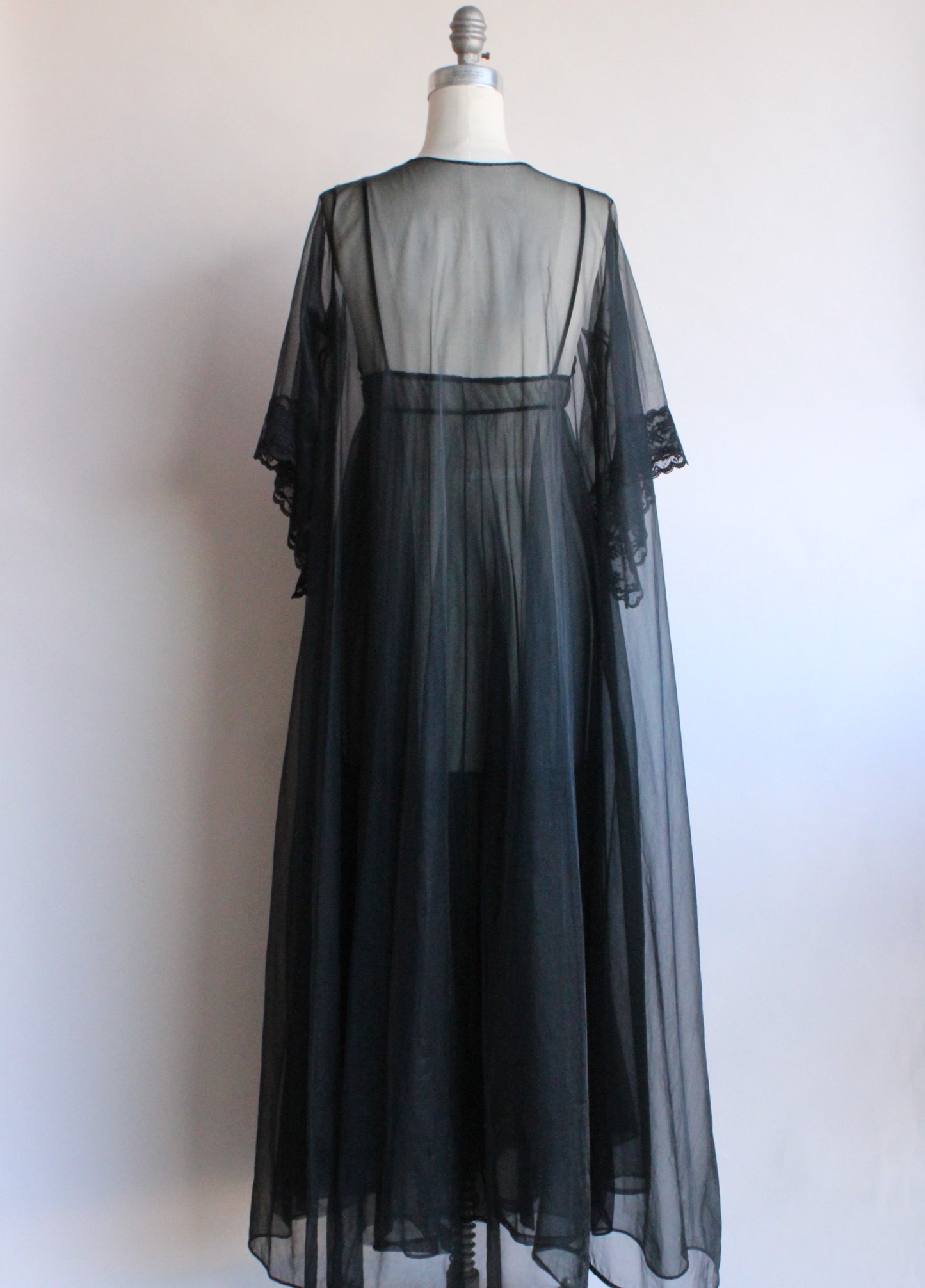 Vintage 1960s Black Peignoir Robe And Nightgown Set