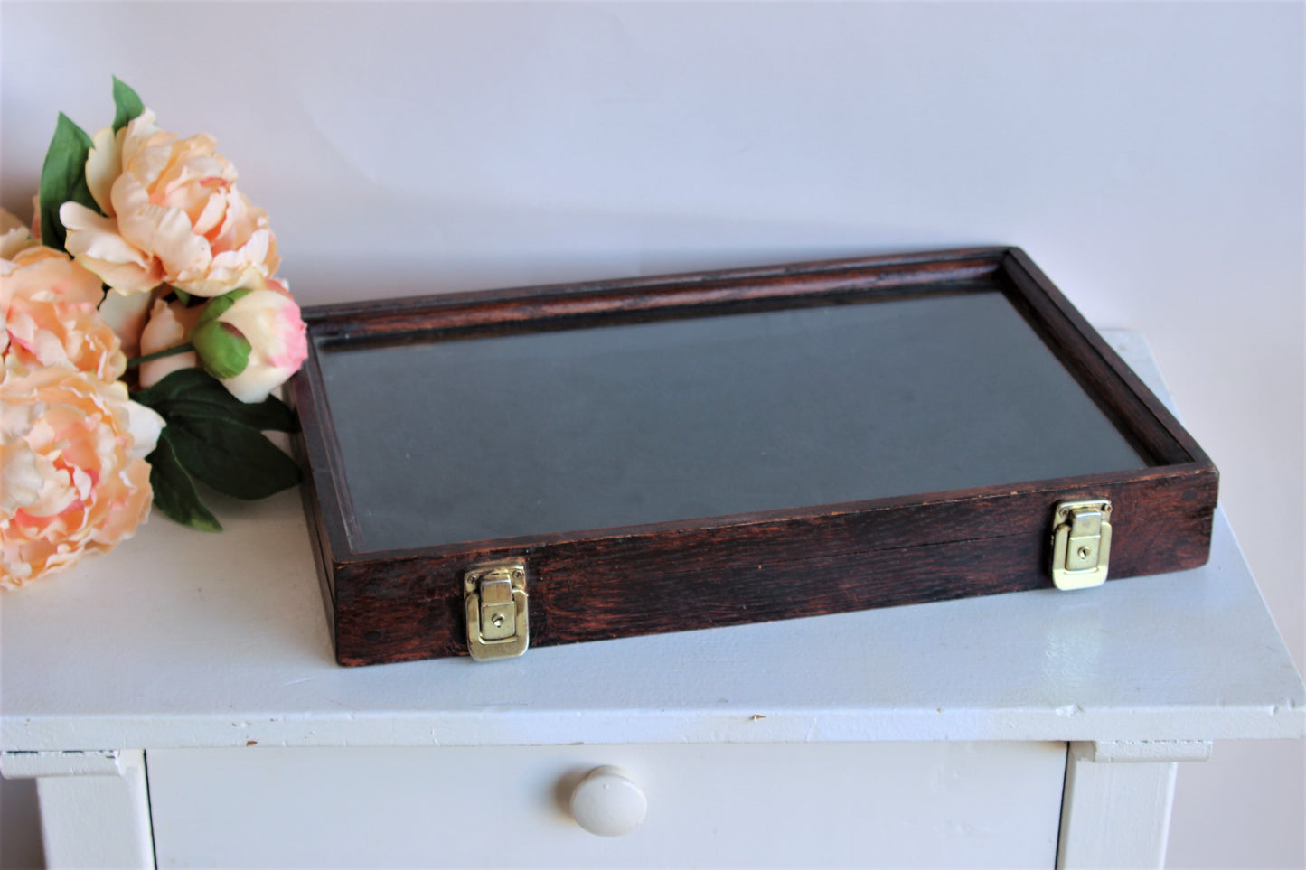 Vintage 1960s Wooden Jewelry Display Box With Glass Top