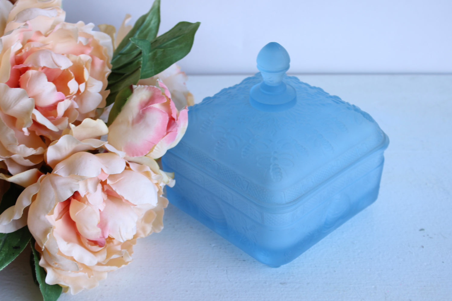 Vintage Frosted Blue Glass Honey Bee Candy Dish