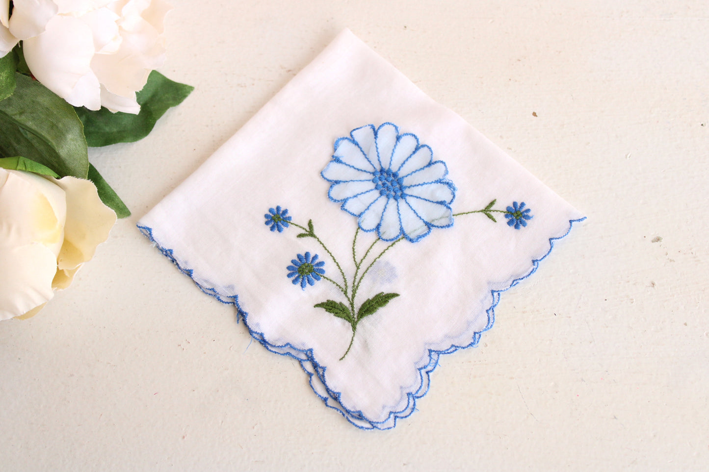 Vintage Hankie with Blue Flower Embroidery and Applique