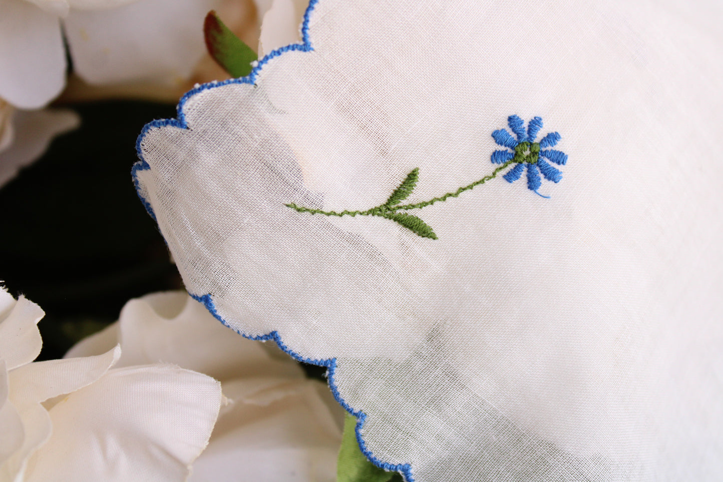 Vintage Hankie with Blue Flower Embroidery and Applique