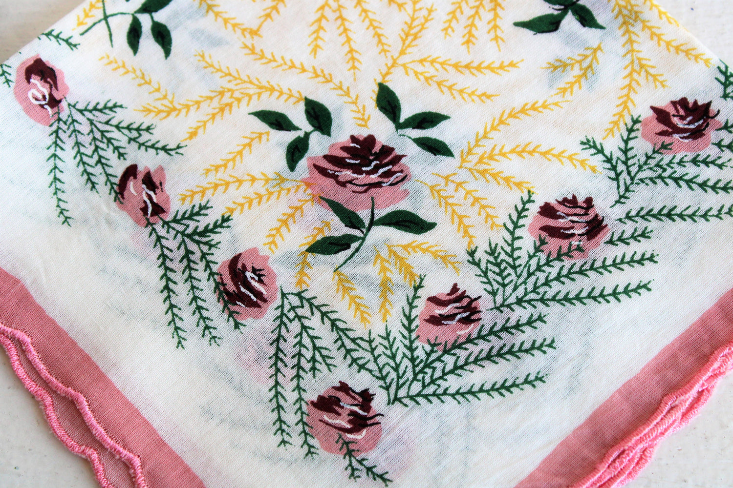 Vintage Cotton Hanky with Pink Rose Print