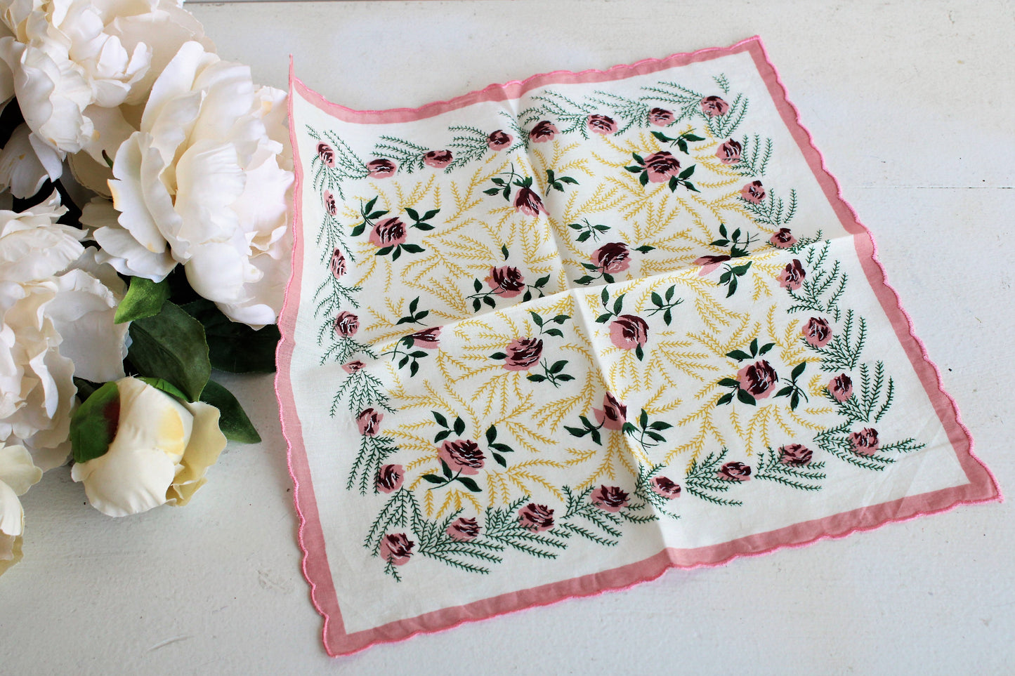 Vintage Cotton Hanky with Pink Rose Print