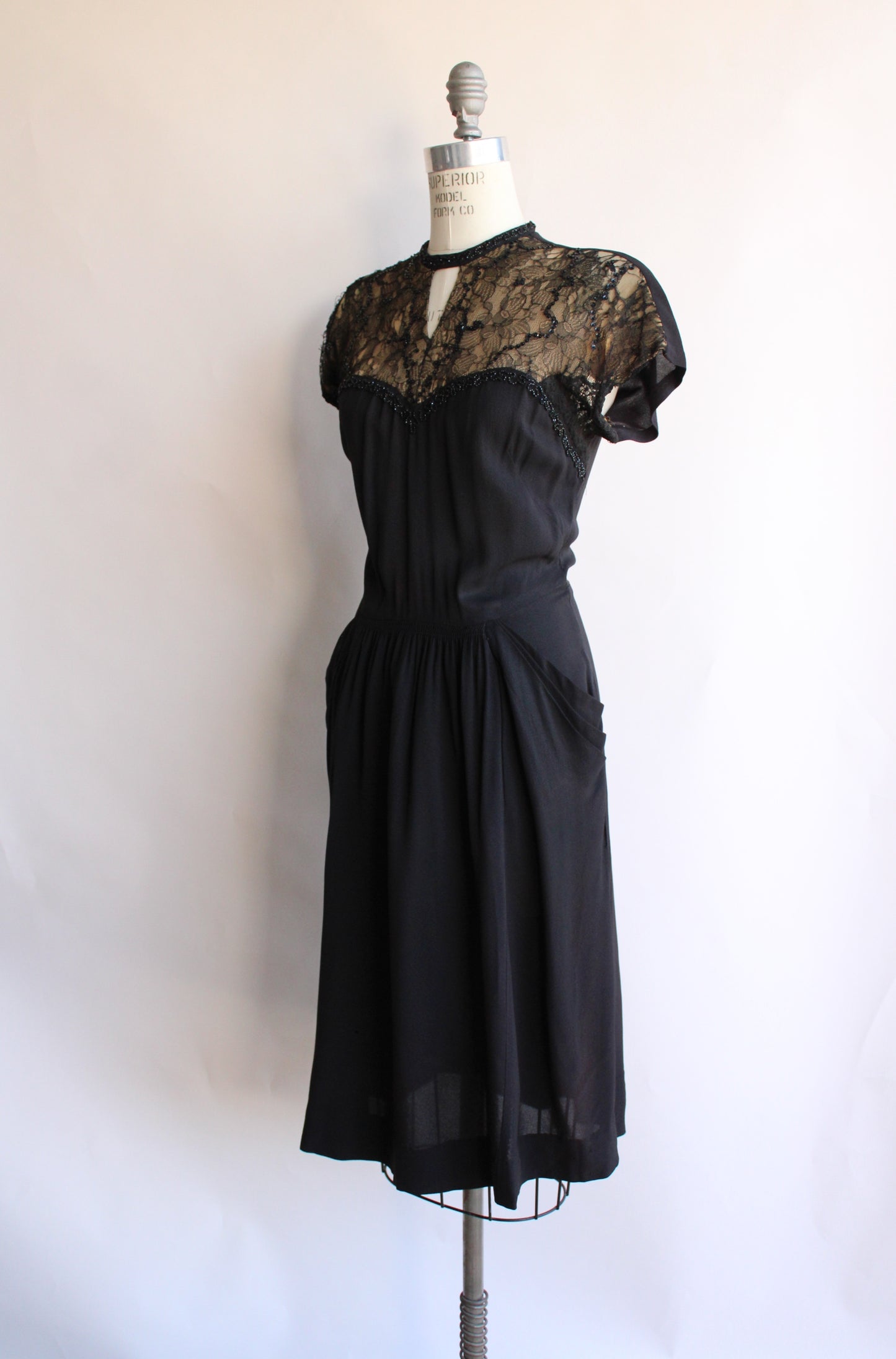 Vintage 1940s Black Dress With Illusion Lace Keyhole Neckline ...