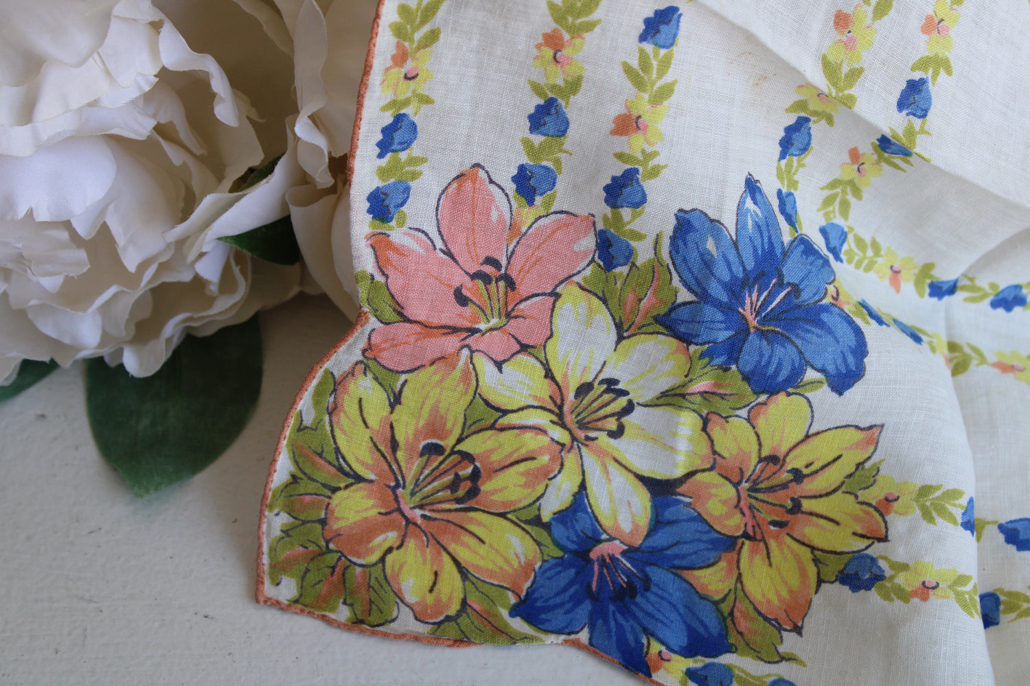 Vintage 1950s Cotton Hanky with Blue and Yellow Flowers