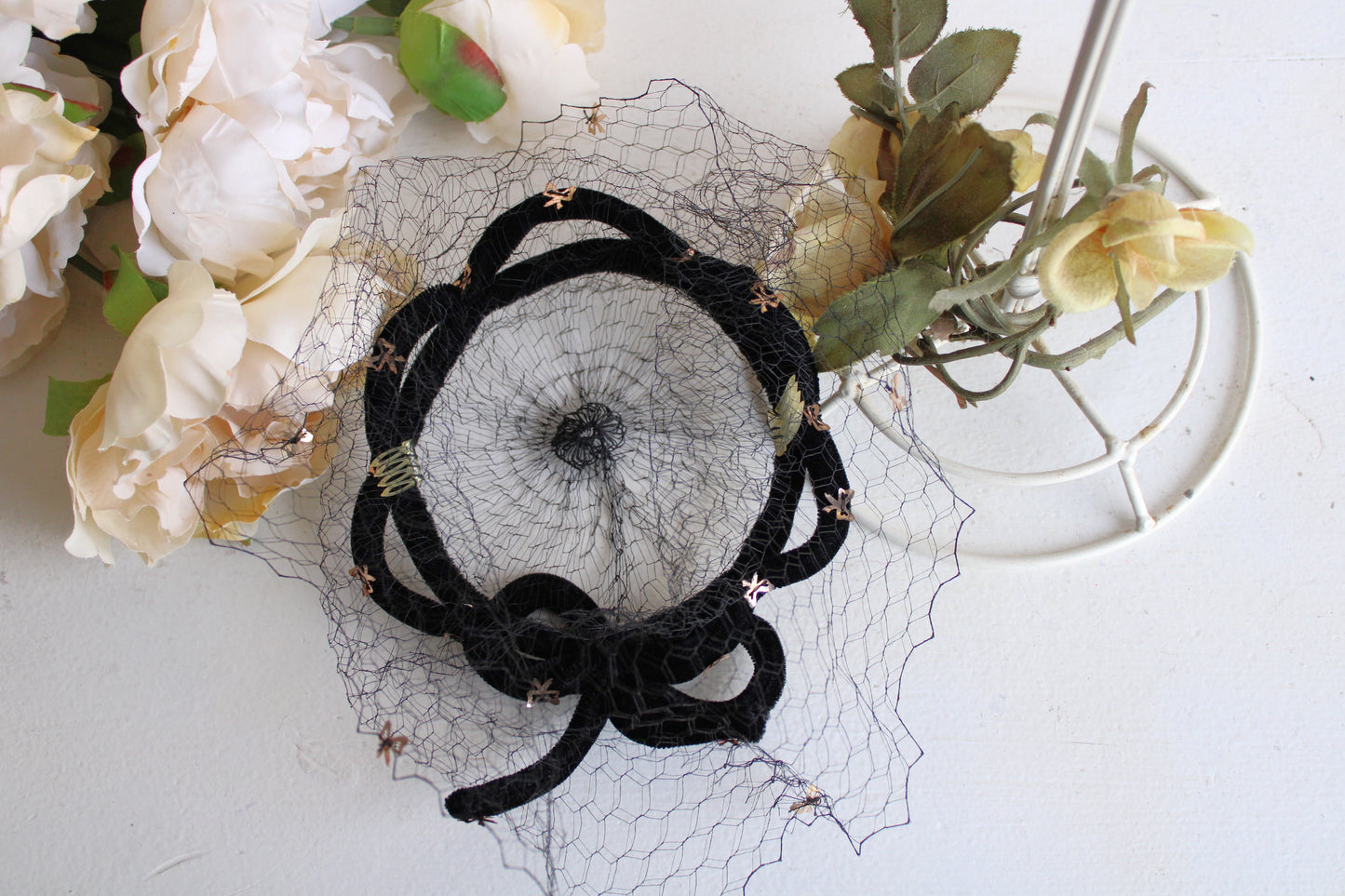 Vintage 1950s Black Velvet Fascinator Crown with Veil