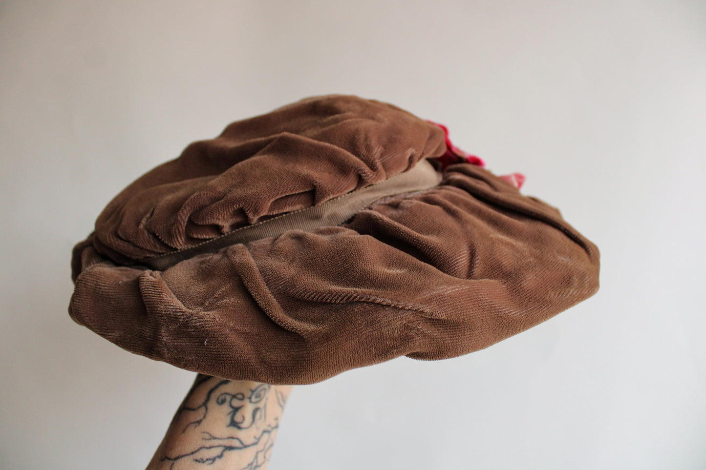 Vintage Brown Velvet Hat with Pink Velvet Flowers