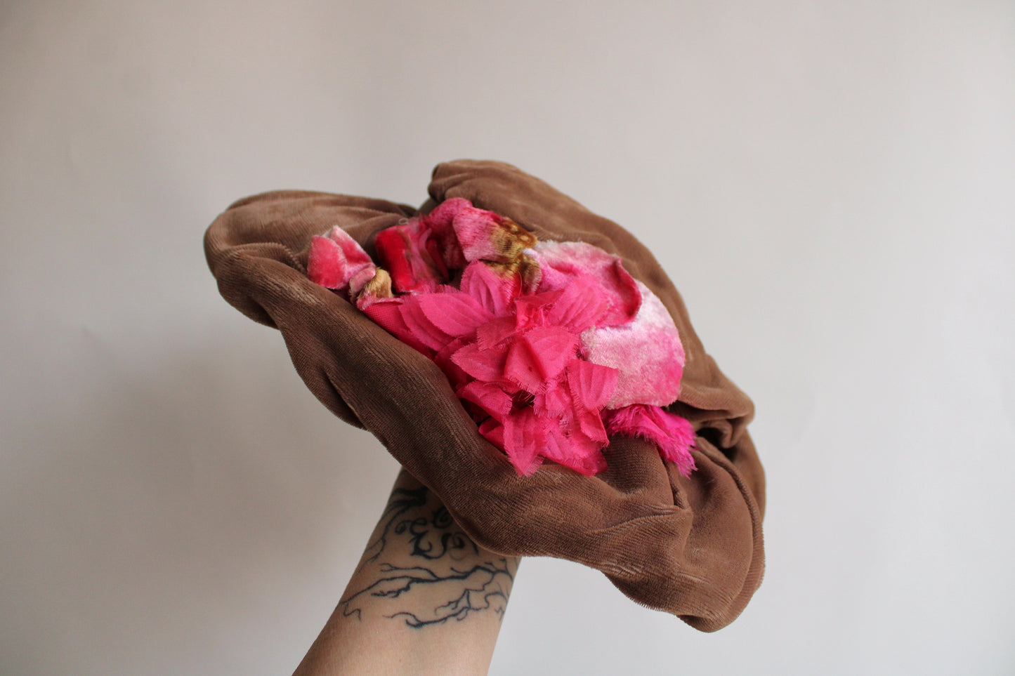 Vintage Brown Velvet Hat with Pink Velvet Flowers