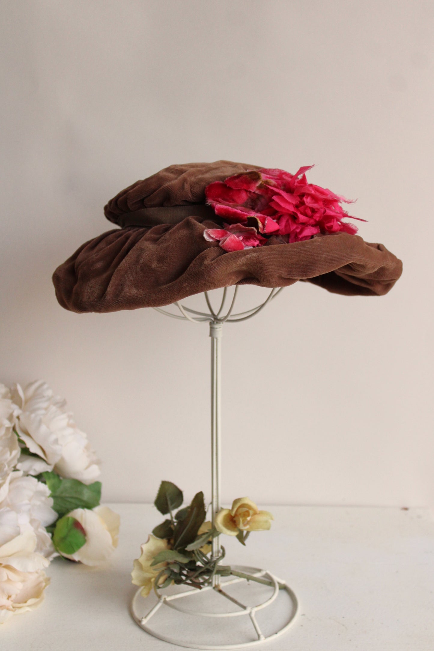 Vintage Brown Velvet Hat with Pink Velvet Flowers