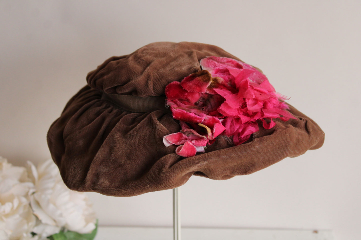 Vintage Brown Velvet Hat with Pink Velvet Flowers