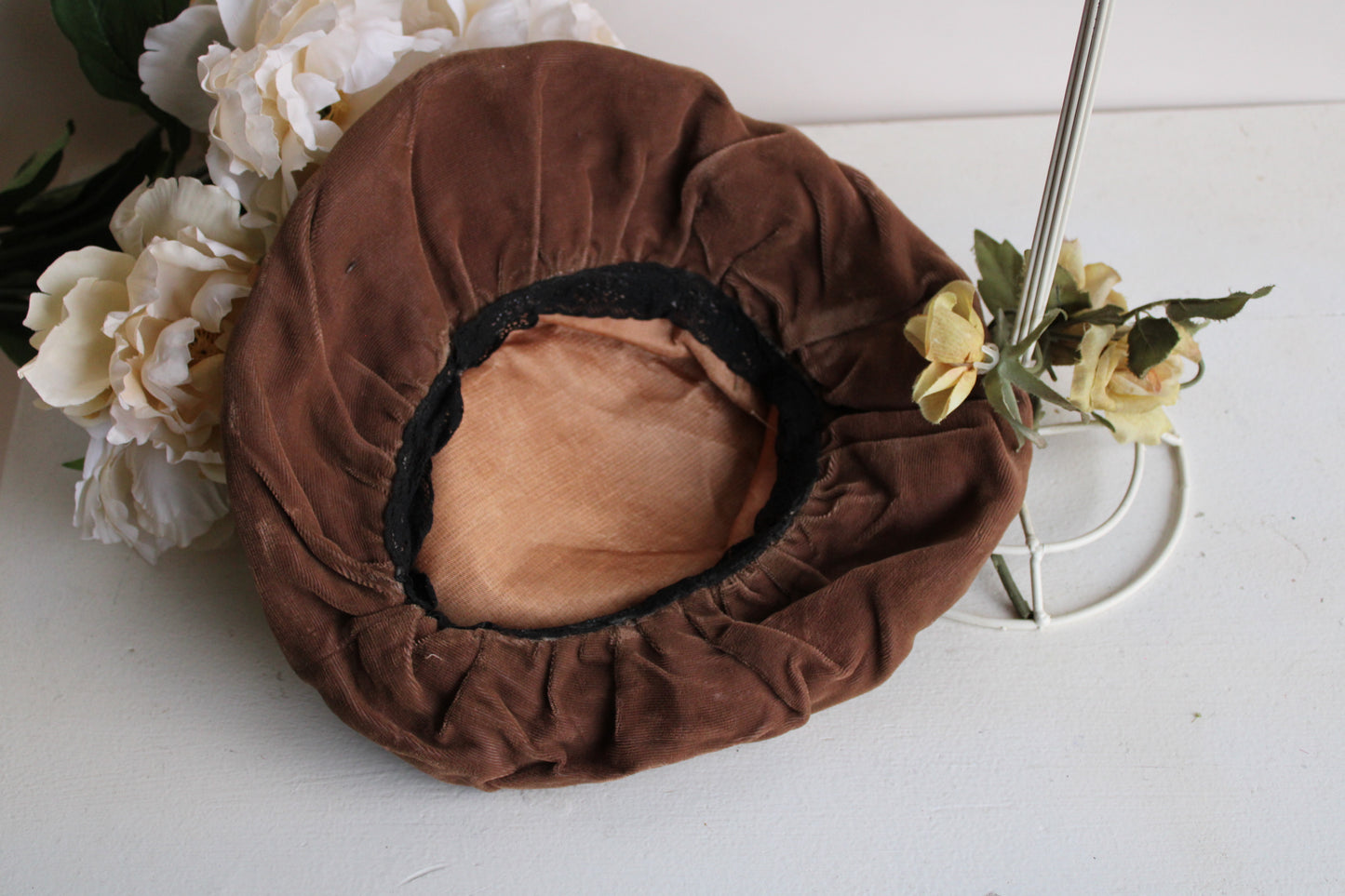 Vintage Brown Velvet Hat with Pink Velvet Flowers