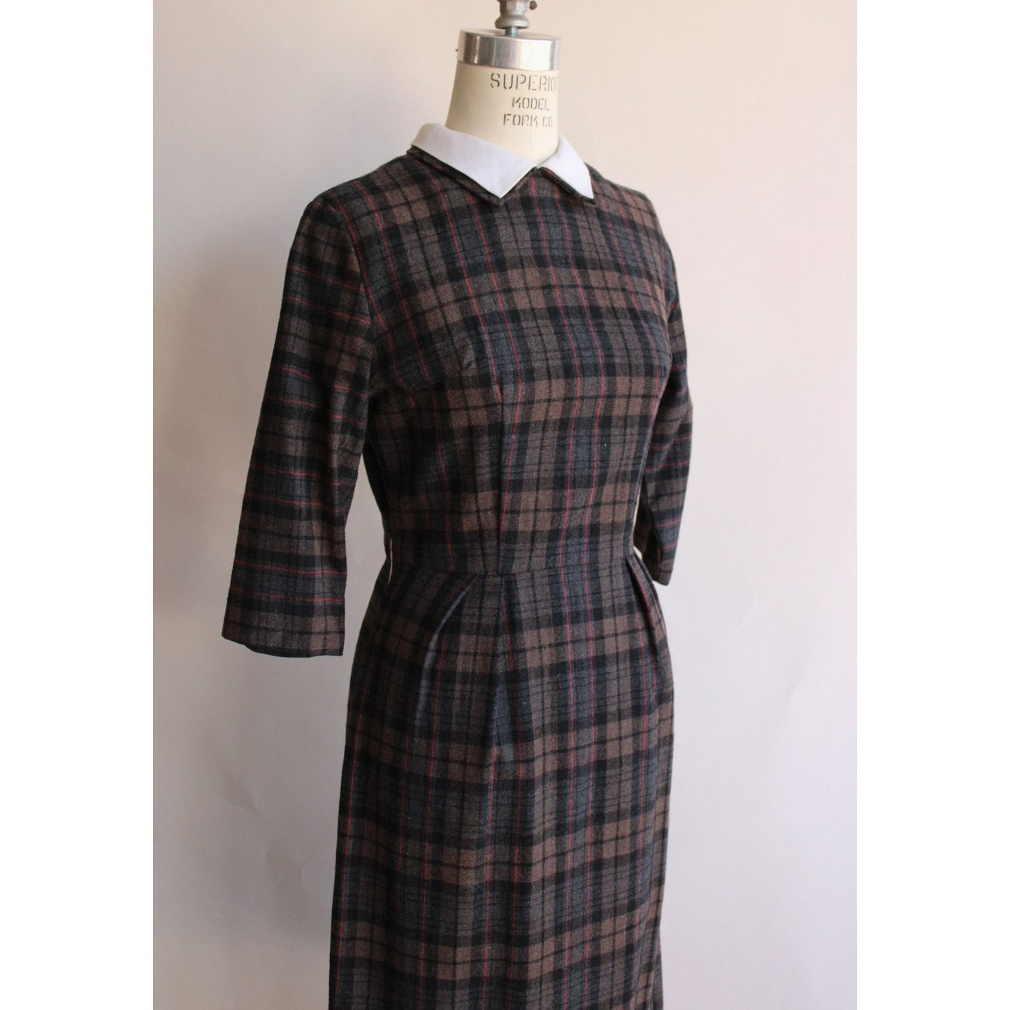 Vintage 1960s Plaid Wool Dress with White Collar