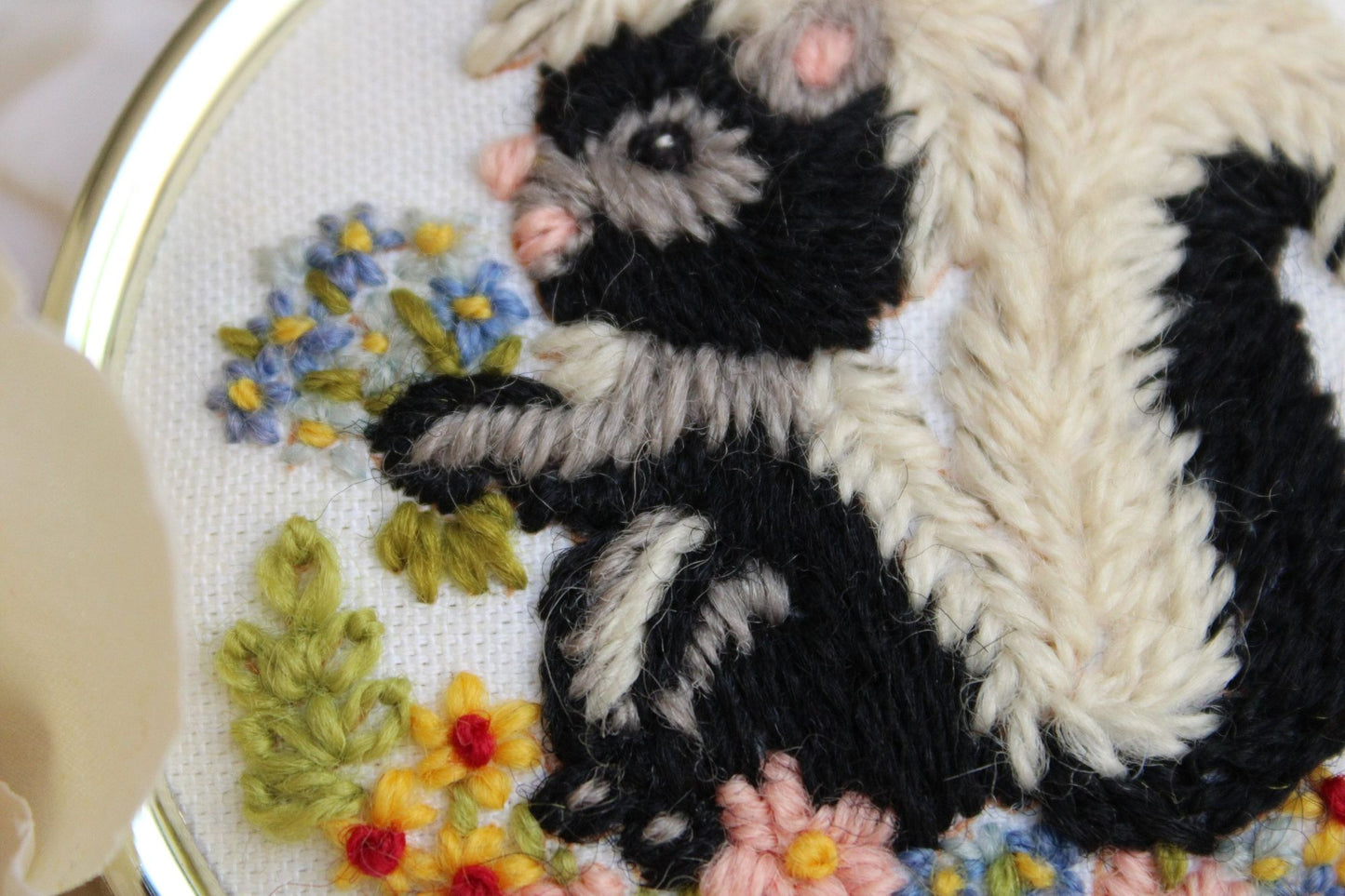 Vintage 1970s 1980s Framed Animal Embroidery of A Skunk and A Raccoon