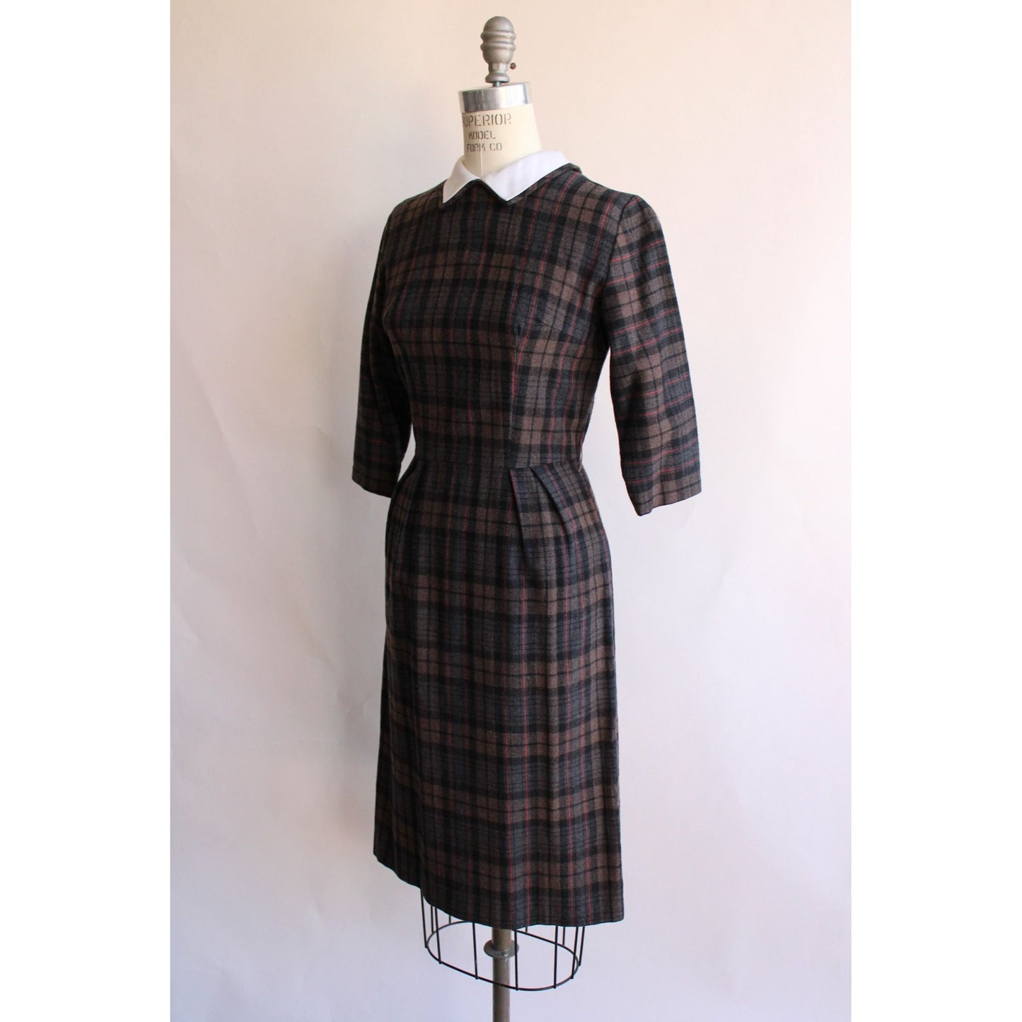 Vintage 1960s Plaid Wool Dress with White Collar