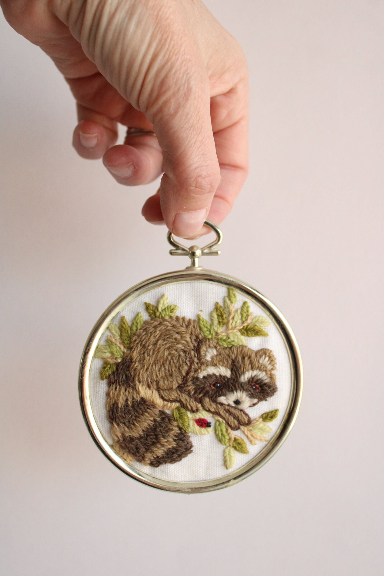 Vintage 1970s 1980s Framed Animal Embroidery of A Skunk and A Raccoon